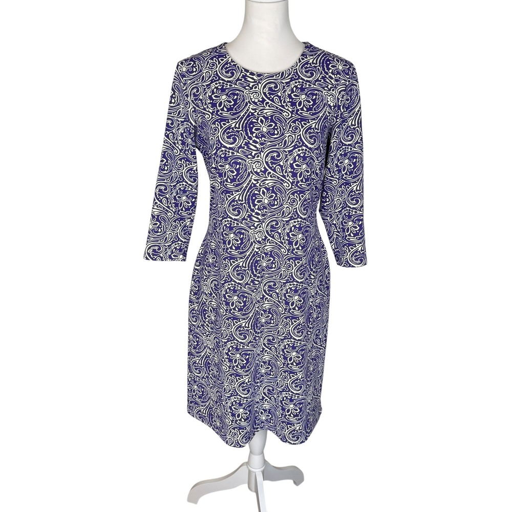 J.McLaughlin Purple White Paisley Sheath Dress 3/4 Sleeve Size M Stretch Knit